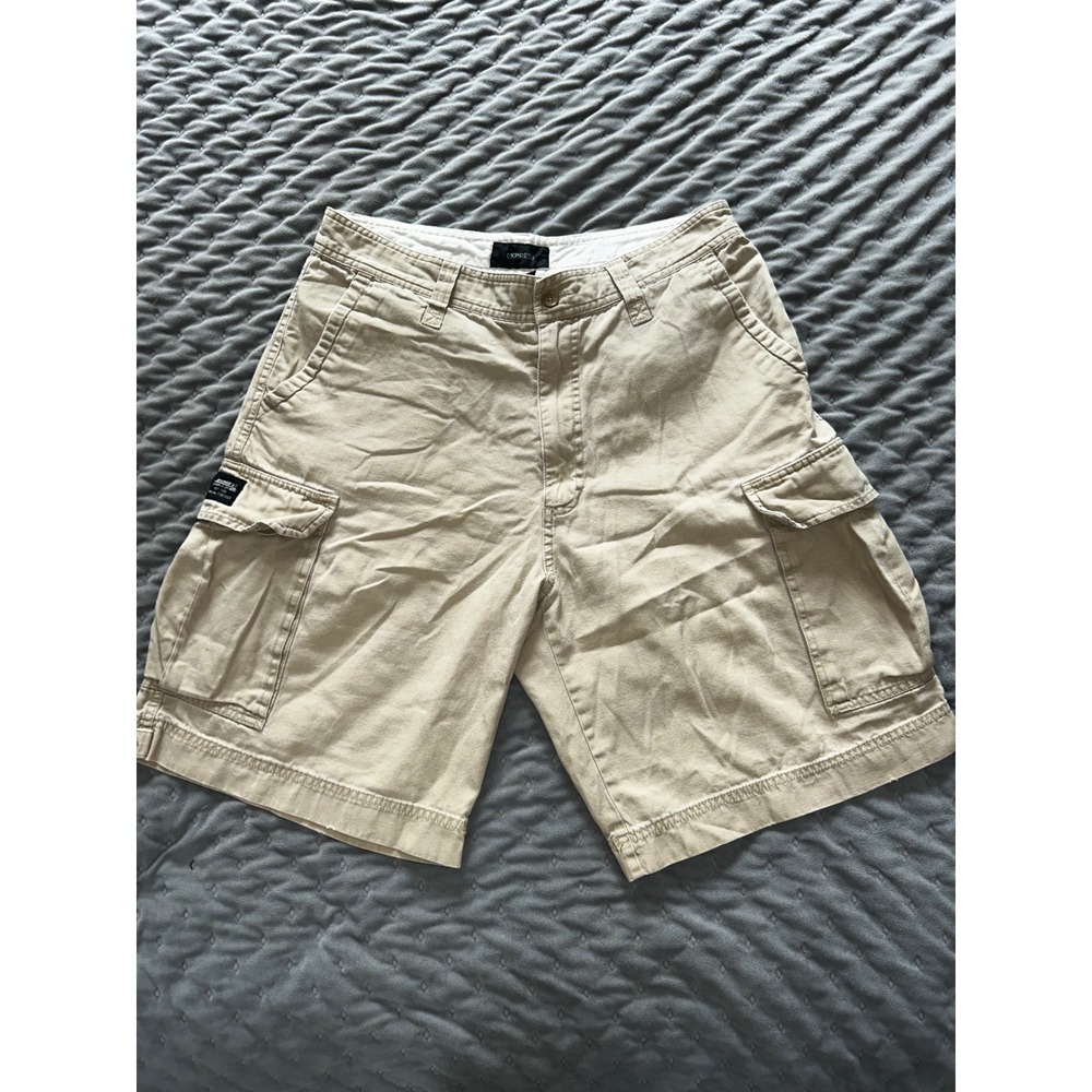Express Mens Tan Khaki Cargo Shorts Size 33W Cotton Canvas Utility 7951003